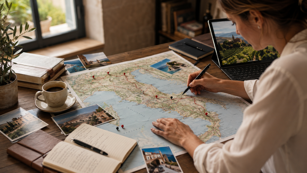 tour operator che progetta un itinerario esperienziale su una mappa di un territorio italiano