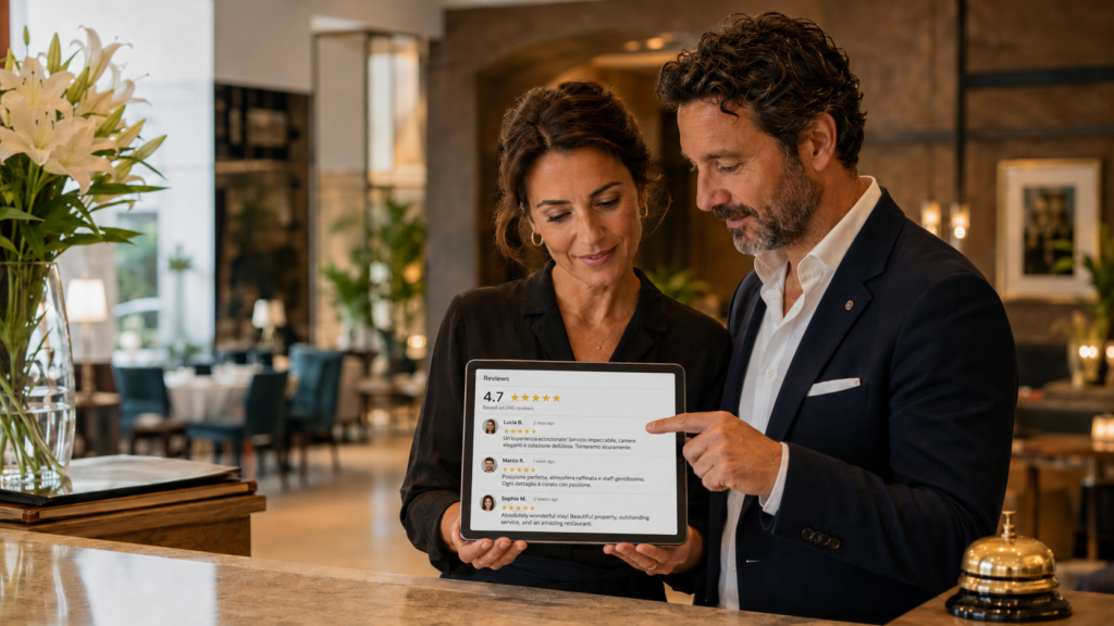 Ristoratore e albergatore italiani leggono le recensioni online del proprio locale su un tablet