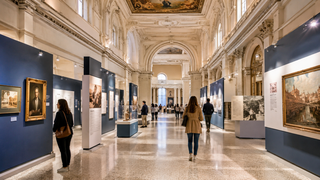 Sala di un museo italiano durante una mostra temporanea, esempio di marketing museale